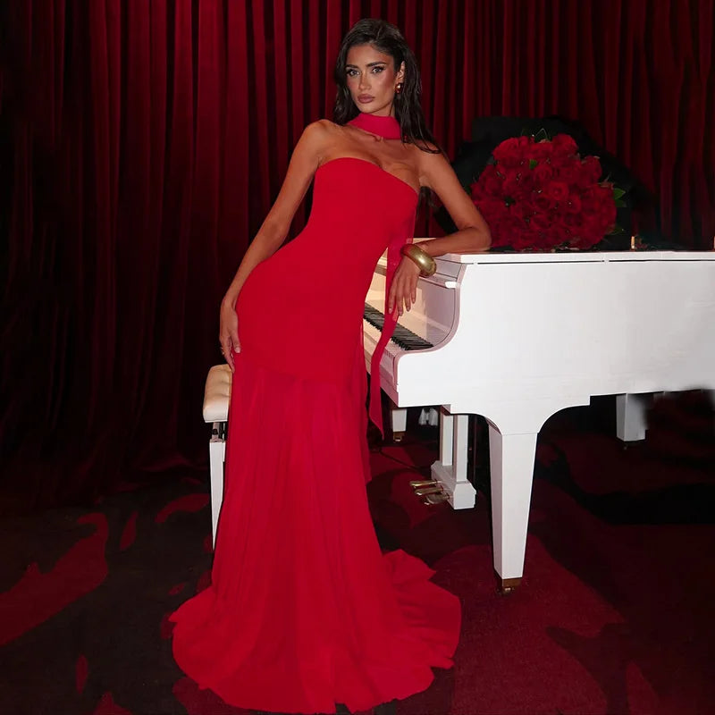 Laretta Strapless Maxi Dress with Scarf Detail – Elegant Evening Gown for Partywear, Formal Events & Wedding Guests