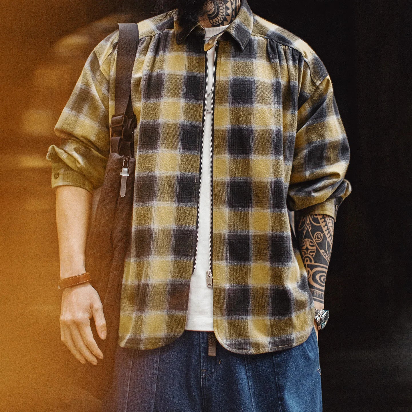 Harrington Men’s Check Zip Overshirt – Brown Plaid Cotton Shirt Jacket with Zip Front Long Sleeve Casual Layer