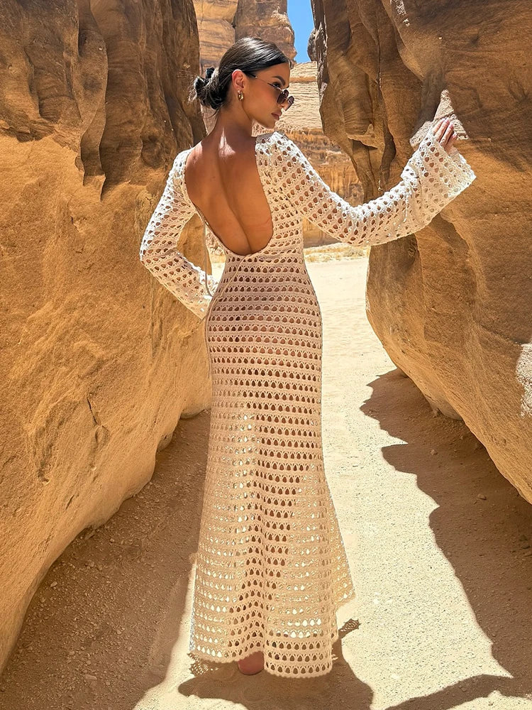 Zarevia Backless Crochet Knit Maxi Dress – Long Sleeve Sheer Swimwear Cover Up with Flared Cuffs