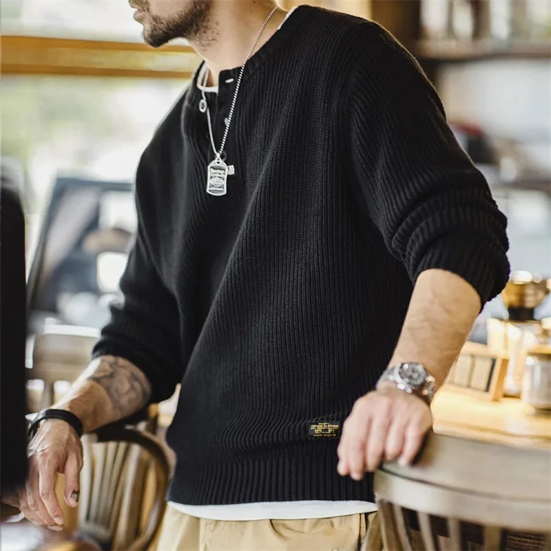 Caelum Men’s Ribbed Henley Knit Jumper – Button Neck Black Textured Pullover
