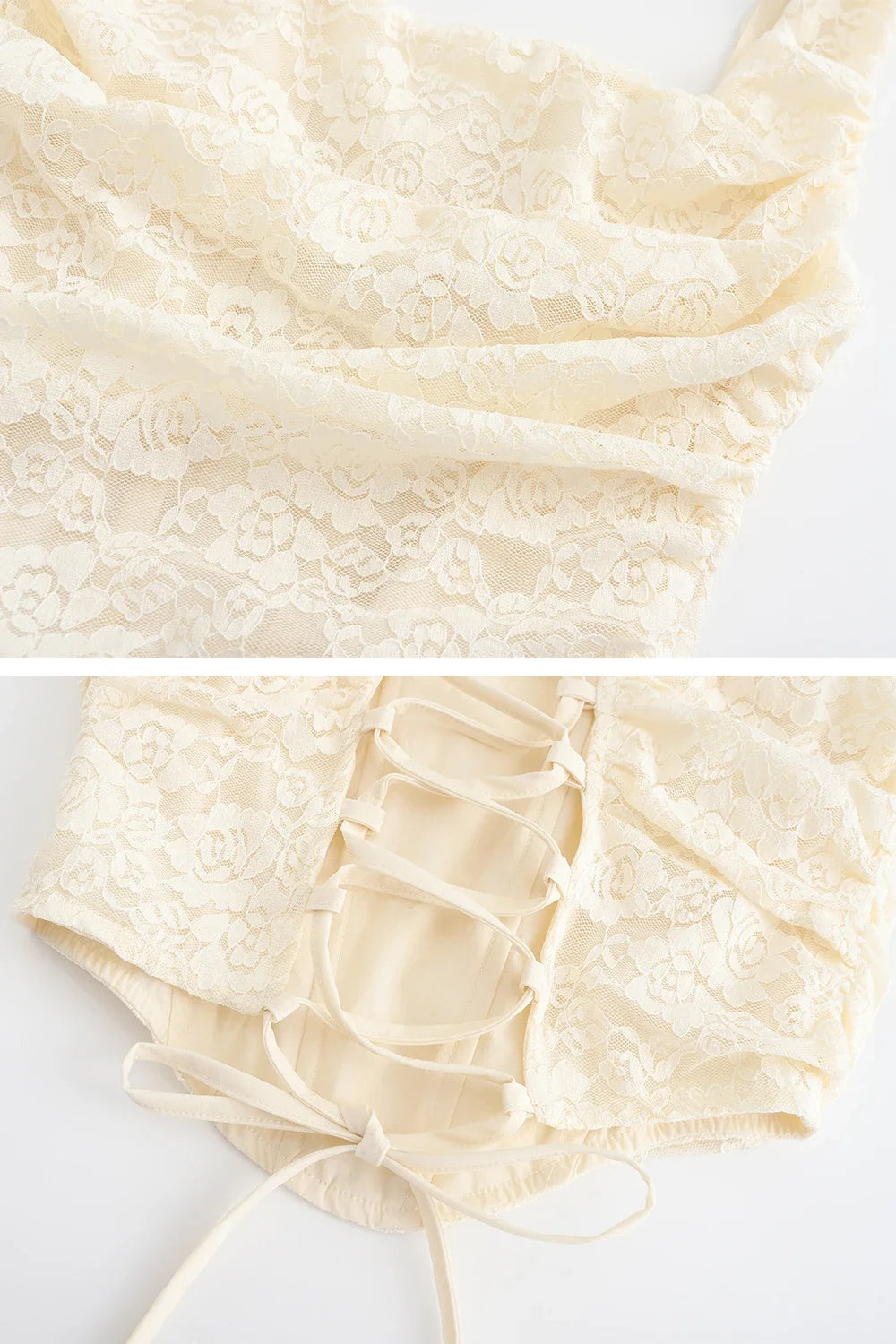 Mirelia Lace Two-Piece Co-Ord – Ivory Ruched Crop Top & Maxi Skirt Set for Party, Eveningwear & Wedding Guests