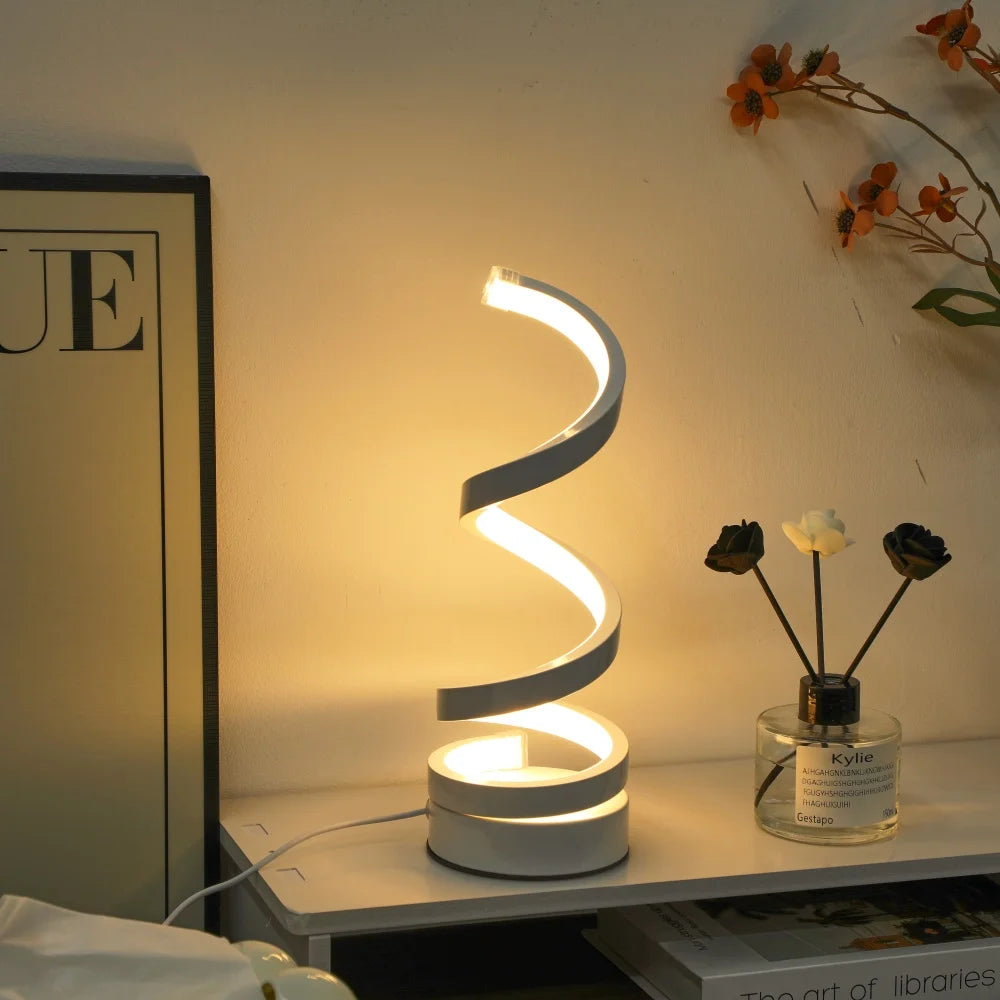 Modern LED Spiral Table Lamp – Dimmable Bedside Lamp, USB Powered Desk Lamp for Bedroom, Living Room & Home Lighting