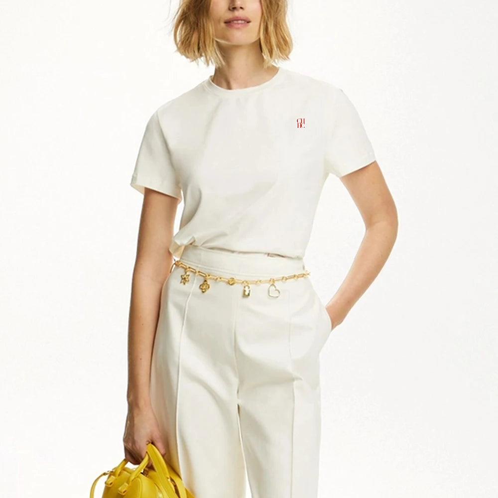 Renée Logo Detail Cotton T-Shirt – Minimalist Short Sleeve Tee in Off-White