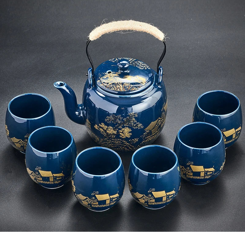 Luxury Ceramic Teapot and Cup Set with Bamboo Handle – Premium Japanese Style Tea Set for Home Entertaining & Perfect Gifting