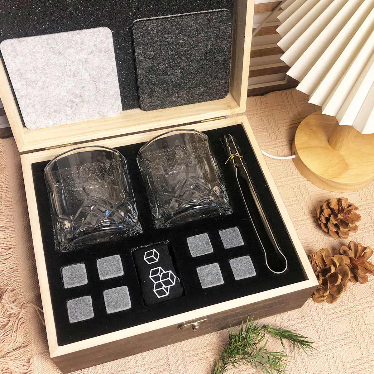 Whisky Glass Gift Set with Cooling Stones & Metal Tongs – Crystal Style Tumblers Gift Box
