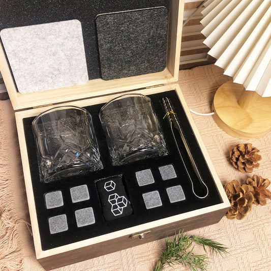 Whisky Glass Gift Set with Cooling Stones & Metal Tongs – Crystal Style Tumblers Gift Box