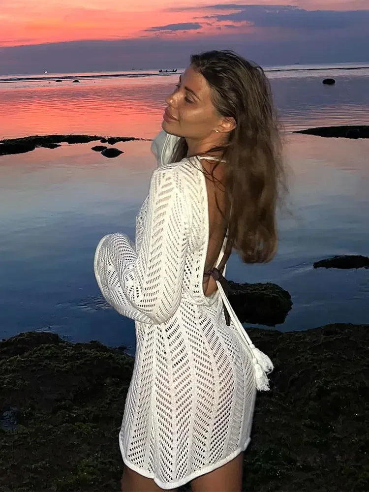 Zireya Backless Crochet Knit Mini Dress – Long Sleeve Sheer Swimwear Cover Up Beach Dress