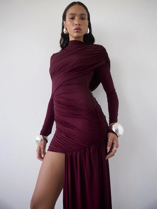 Zenyra Ruched Long Sleeve Mini Dress with Draped Asymmetric Skirt – One Shoulder Bodycon Partywear