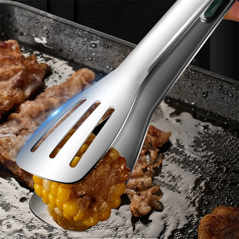 Stainless Steel BBQ Tongs With Green Wide Grip Handle – Non-Slip Kitchen & Grill Food Turner Clip
