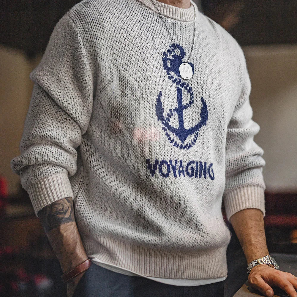 Branford Men’s Anchor Knit Sweater – Graphic Round Neck Pullover for Autumn Winter Layering