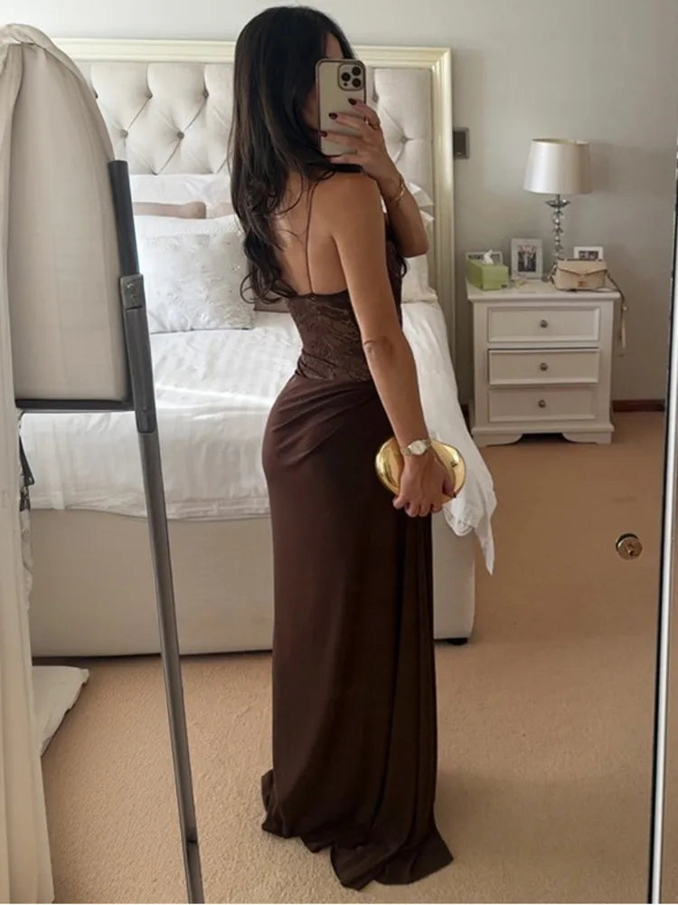 Olivara Strapless Lace Maxi Dress – Sheer Panel Evening Gown, Formal Occasion Dress & Wedding Guest Outfit