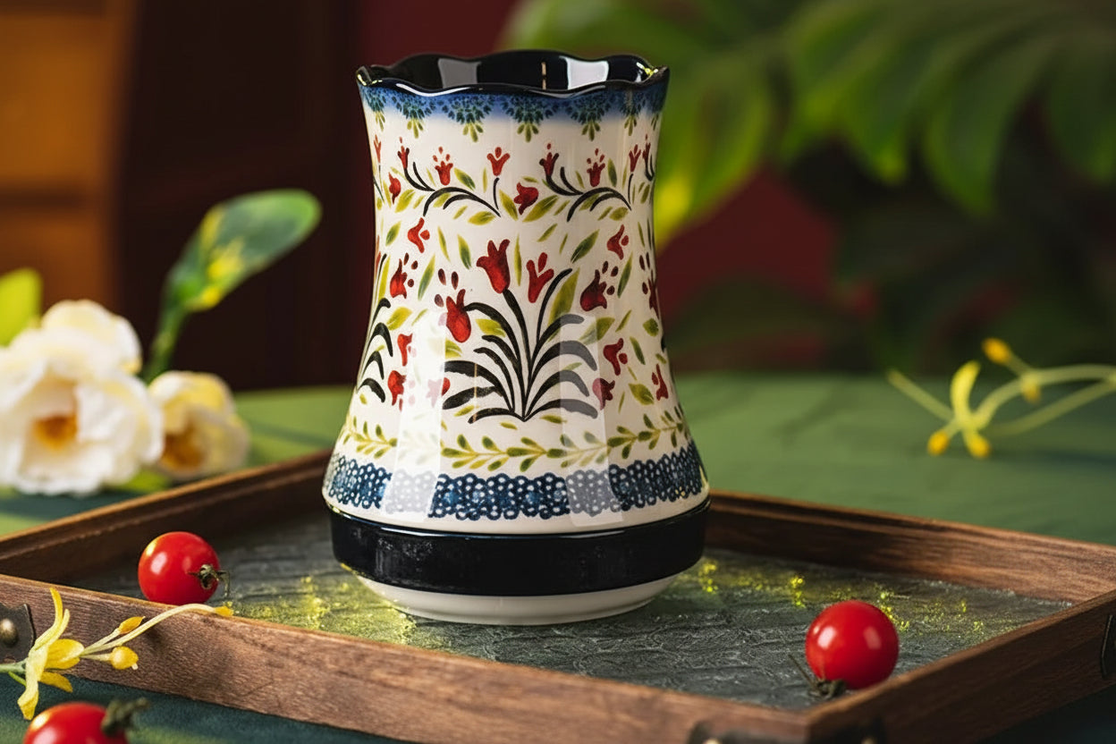 Floria Ceramic Utensil Holder – Floral Kitchen Utensil Caddy with Drain Base, Cutlery Holder, Spoon Fork Storage Organiser