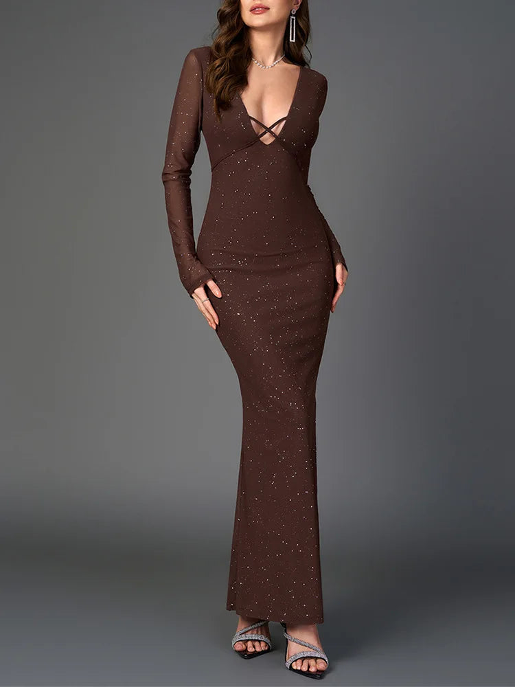 Vireya Long Sleeve Glitter Maxi Dress – Deep V Neck Bodycon Evening Dress, Elegant Party & Occasion Dress