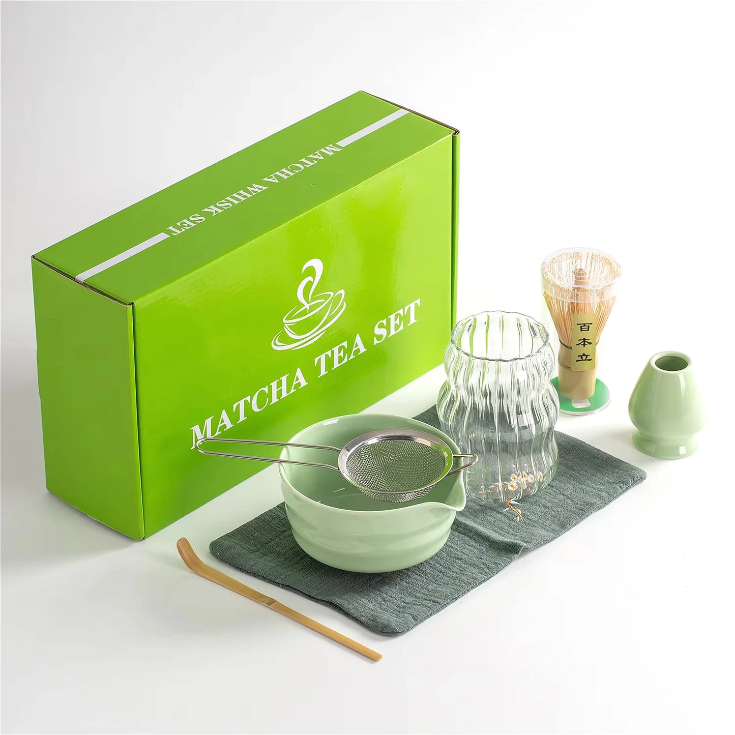 Hikari Matcha Gift Set – 7-Piece Japanese Matcha Tea Making Kit with Glass Cup, Ceramic Bowl & Bamboo Whisk