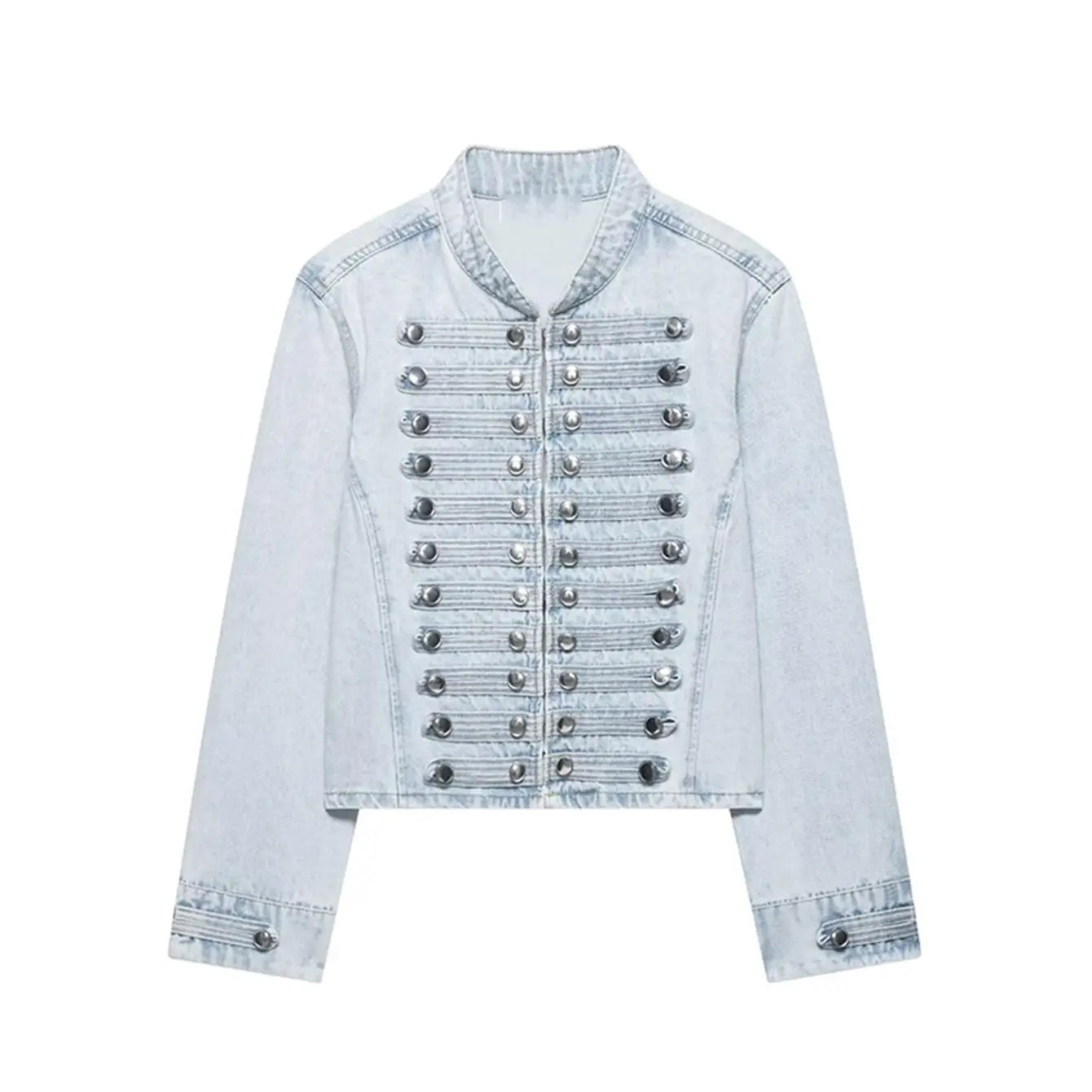 Elarique Military Button Denim Jacket – Cropped Collarless Women's Jacket