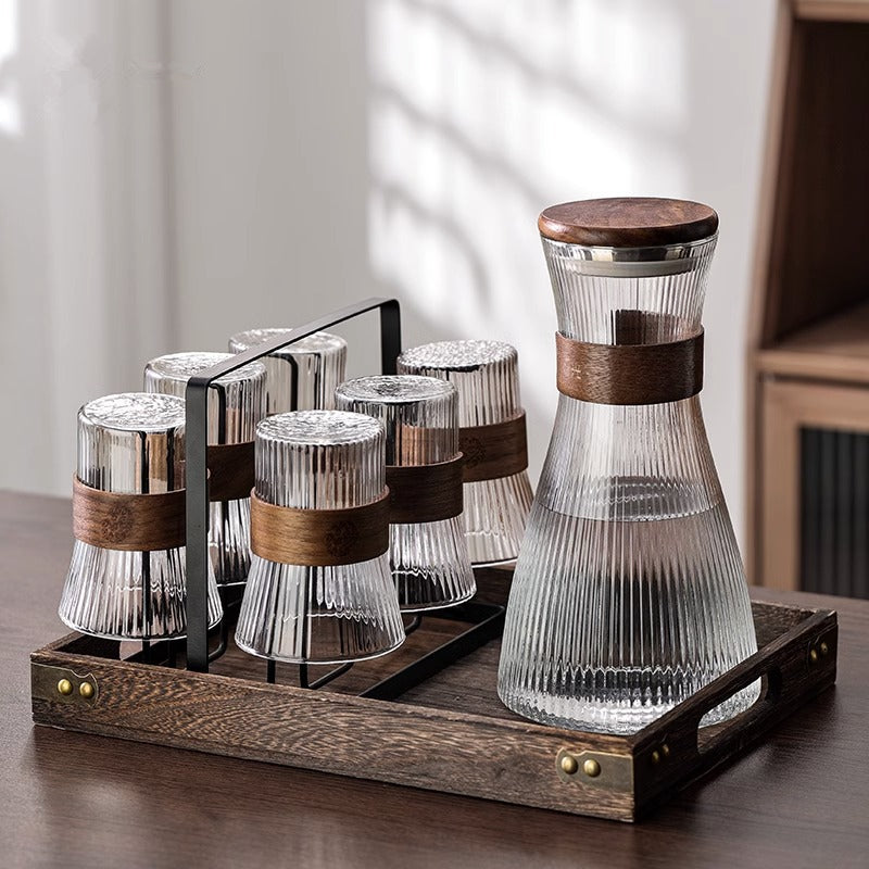 Ribbed Glass Carafe & Tumbler Set with Wooden Lid, Stand and Tray – Elegant Water & Juice Pitcher for Dining and Entertaining