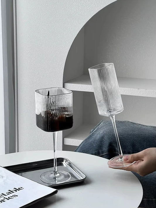 Bellano Ribbed Wine Glass Collection – Square Stem Red Wine, Cocktail & Liqueur Glass