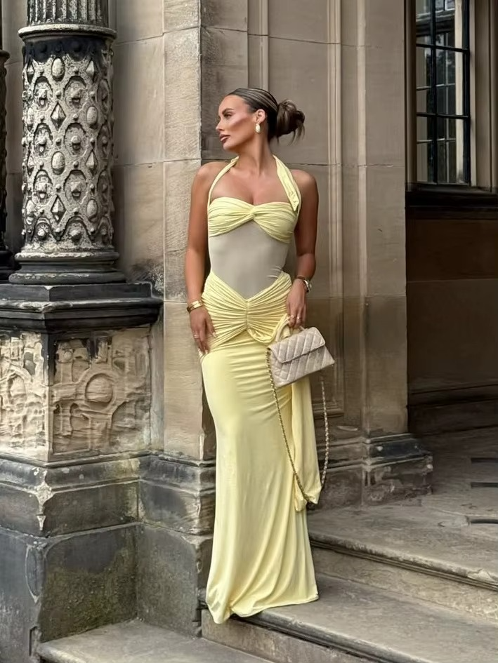 Syrene Halter Ruched Bodycon Maxi Dress – Sculpting Evening Gown for Weddings, Events & Parties