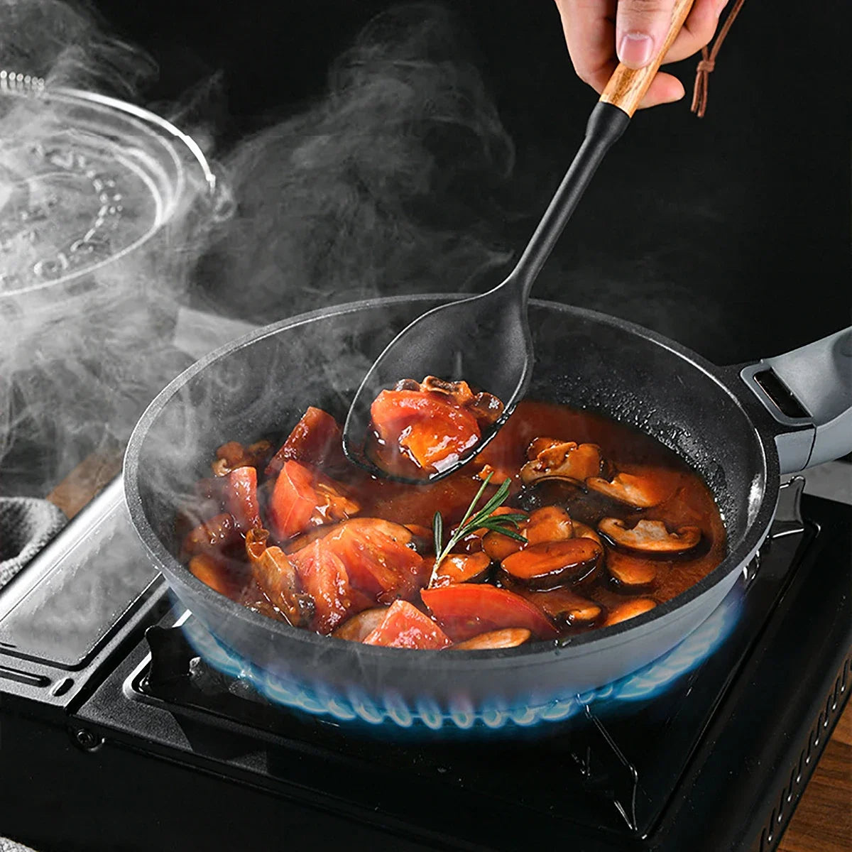 7-Piece Black Silicone Cooking Utensil Set with Wooden Handles – Non-Stick Heat Resistant Kitchen Tools