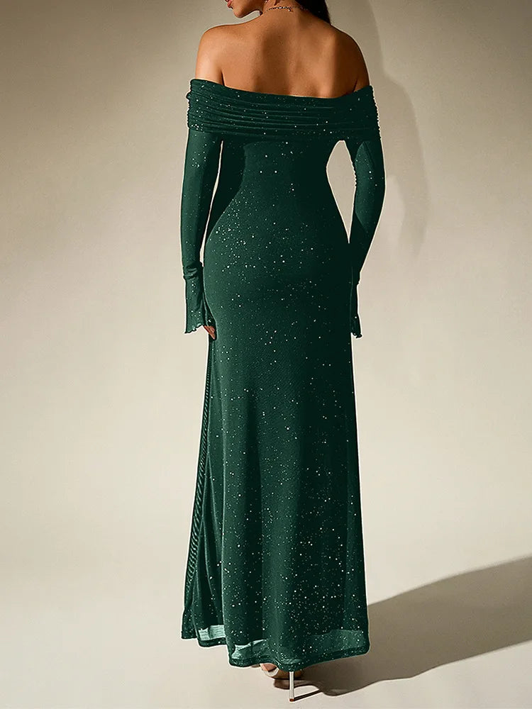 Aurevielle Off Shoulder Glitter Mesh Maxi Dress – Long Sleeve Bodycon Evening, Party & Wedding Guest Gown