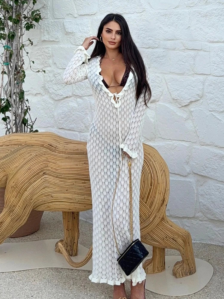 Aurelia Crochet Knit Beach Maxi Dress – Plunge Lace Up Cover Up with Ruffle Detail