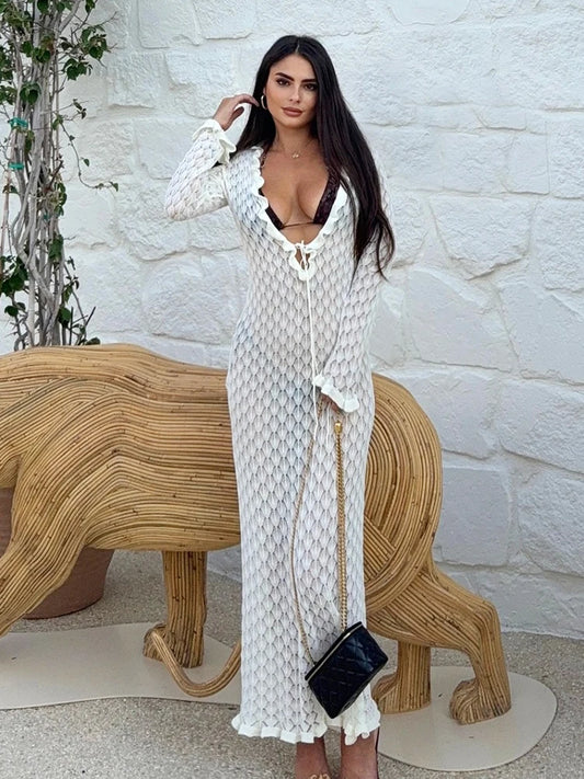 Aurelia Crochet Knit Beach Maxi Dress – Plunge Lace Up Cover Up with Ruffle Detail