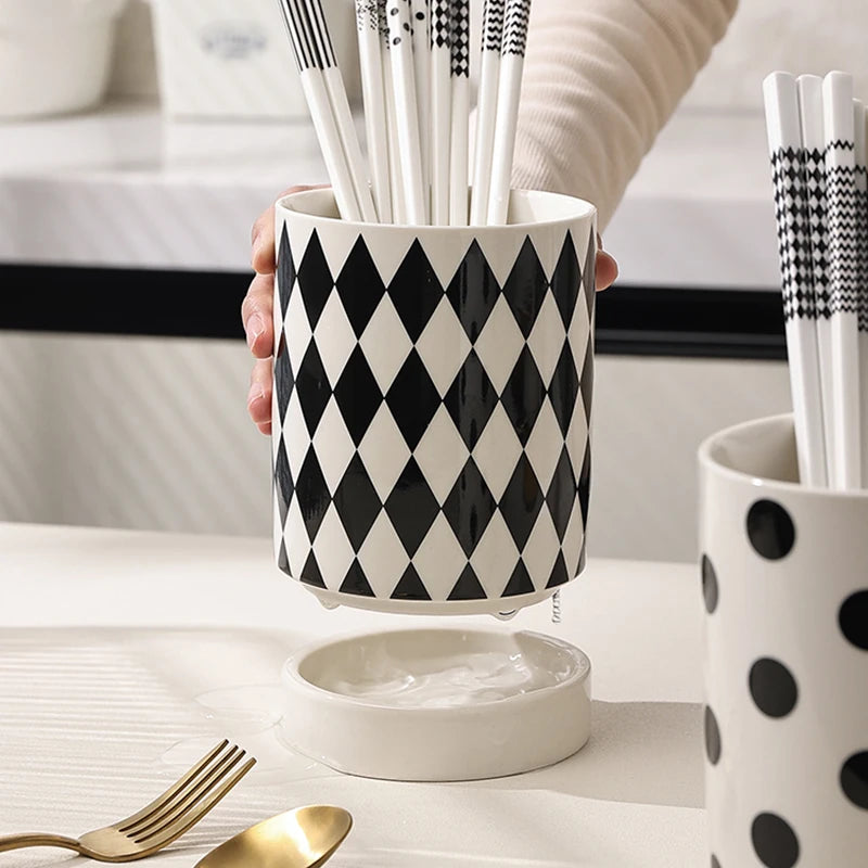Kitchen Utensil Holder – Ceramic Cutlery Caddy, Utensil Crock, Chopstick Holder and Kitchen Countertop Organiser with Drip Base, Geometric Designs