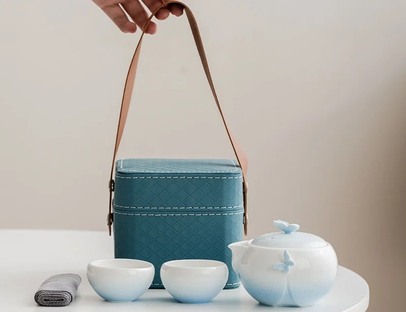 Butterfly Ceramic Travel Tea Set with Carry Case – Portable Teapot & Cups Gift Set for Home, Office and Outdoor Tea Lovers