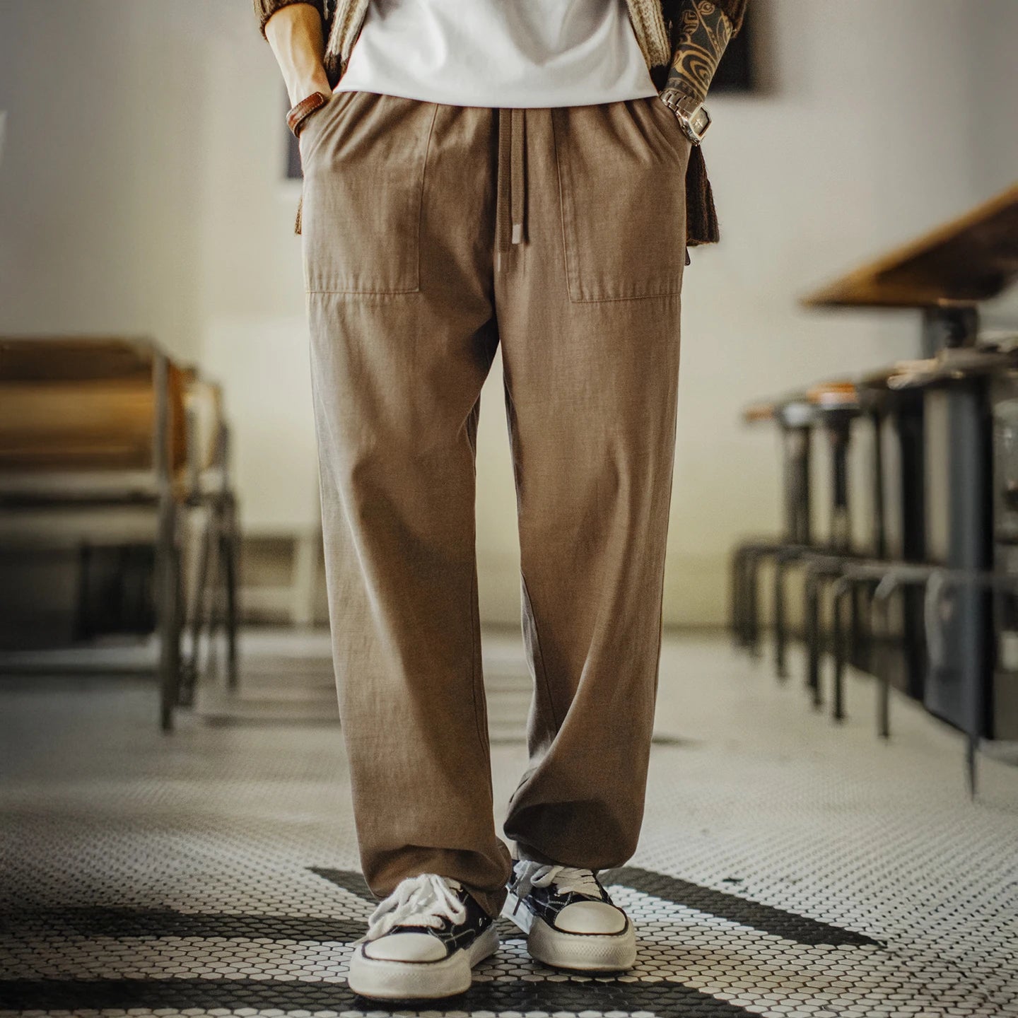 Dunley Elastic Waist Trousers – Straight-Leg Drawstring Trousers with Front Pockets