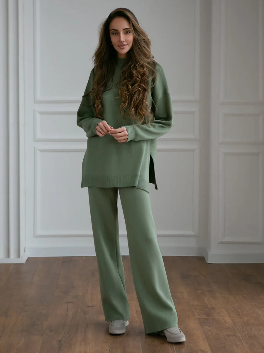 Zaneya Knit Co-Ord Lounge Set – Ribbed Turtle Neck Jumper and Wide Leg Trousers in Pink, White, Beige, Black or Green