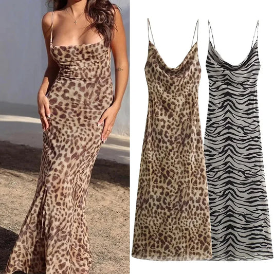 Liora Animal Print Cowl Neck Maxi Dress – Leopard or Zebra Slip Dress for Summer Evenings