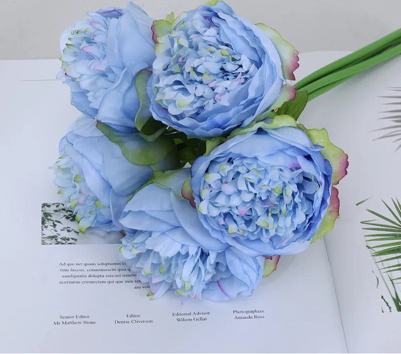Peonia Bloom Bouquet – Silk Faux Peony Flower Arrangement with 5 Heads for Vase Styling, Wedding Flowers and Home Décor