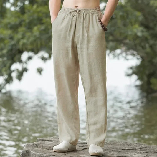 Men’s Loose Fit Linen Trousers – Lightweight Drawstring Waist Straight Leg Summer Pants