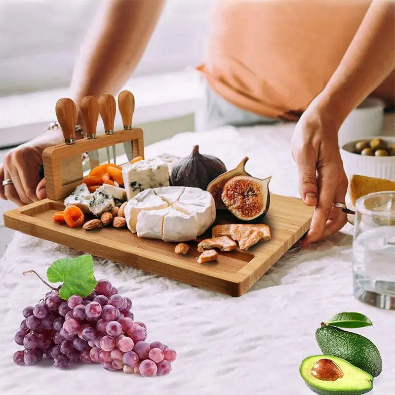 Bamboo Cheese Board with 4 Cheese Knives – Large Wooden Charcuterie Serving Board for Wine & Cheese Nights, Christmas Gifting & Party Hosting