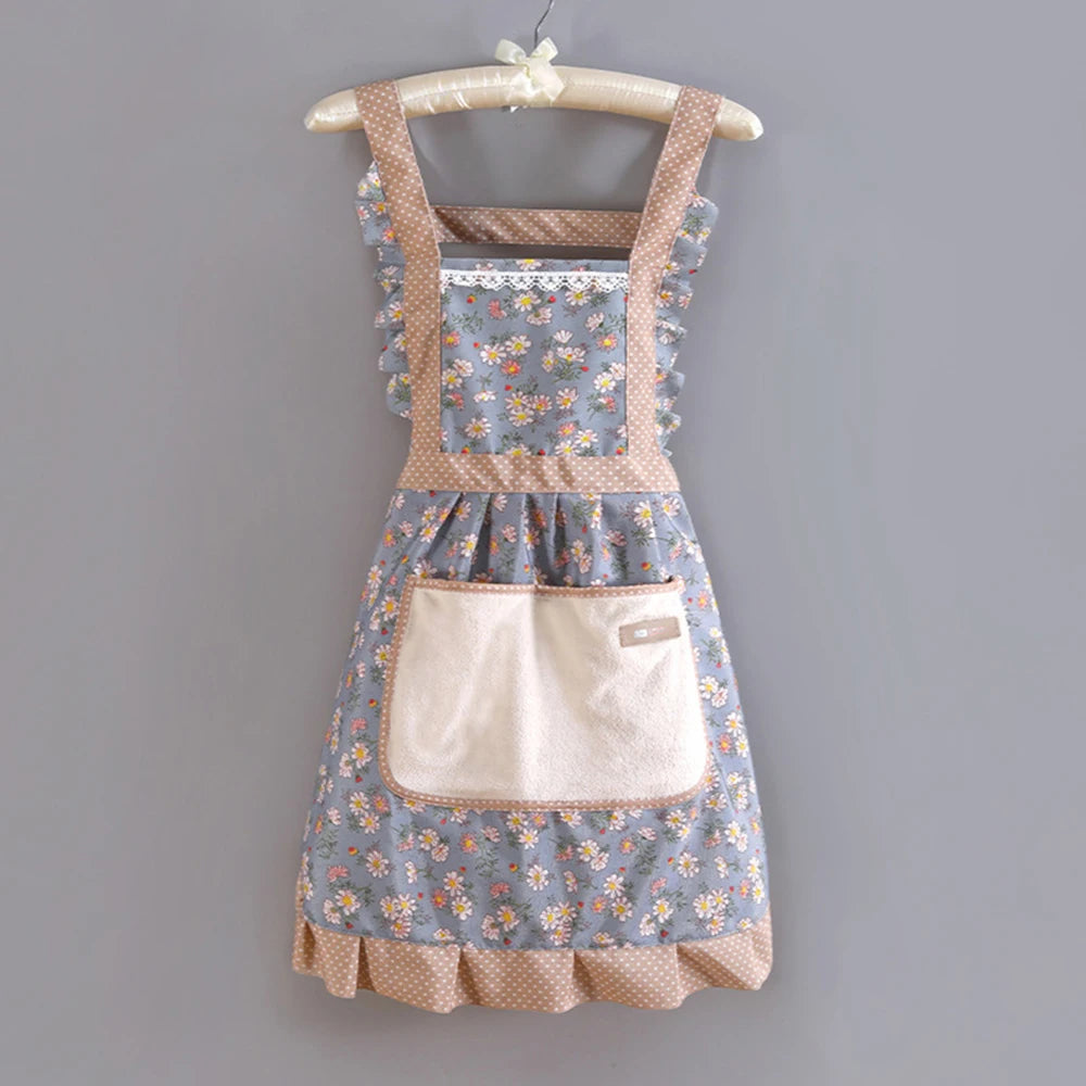 Floral Ruffle Kitchen Apron with Pocket – 1 Piece Adjustable Cooking & Baking Aprons for Women in Pink, Green Or Blue