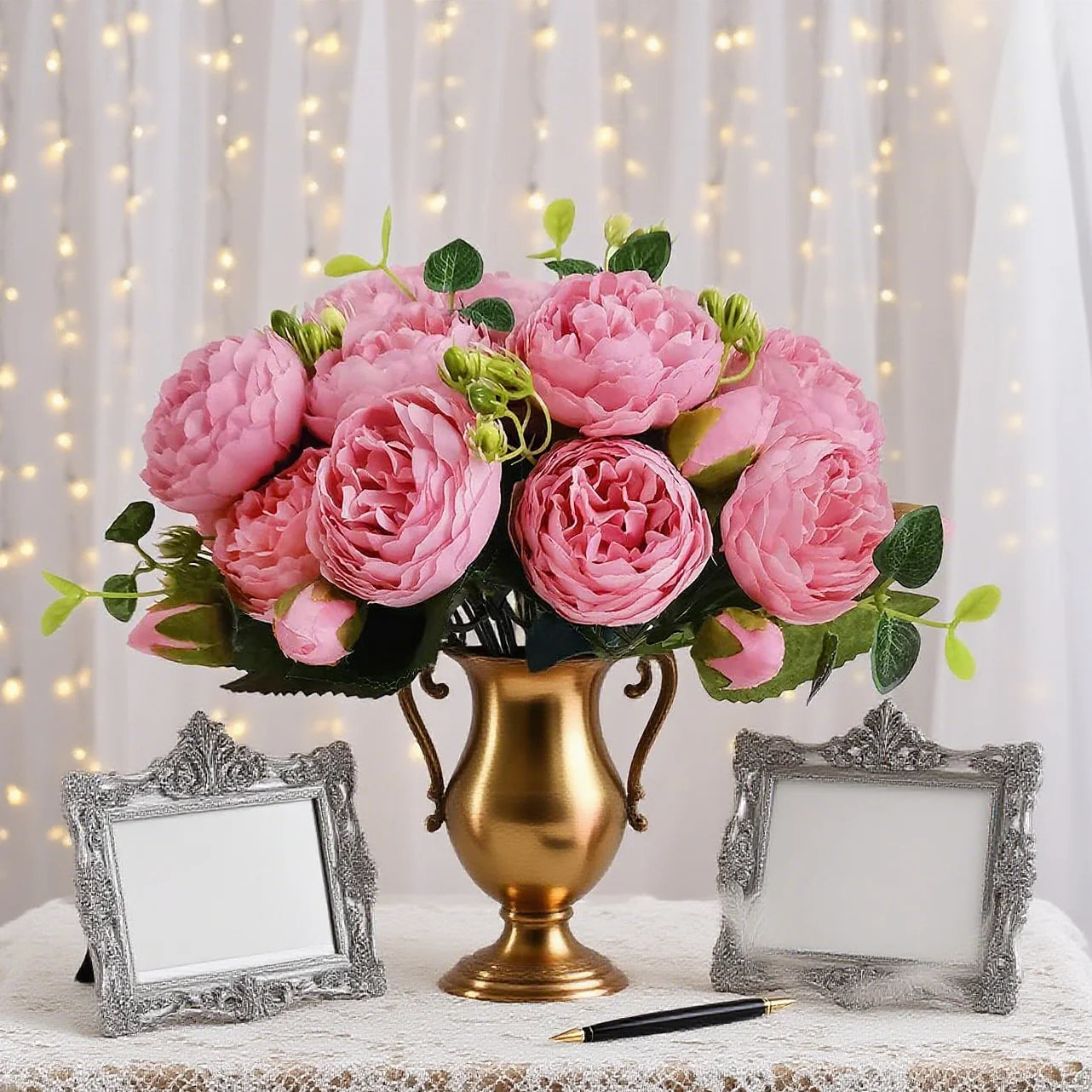 Peonelle Silk Peony Flower Bundle – 5 Head Faux Peony Stem with Buds Decorative Floral Arrangement