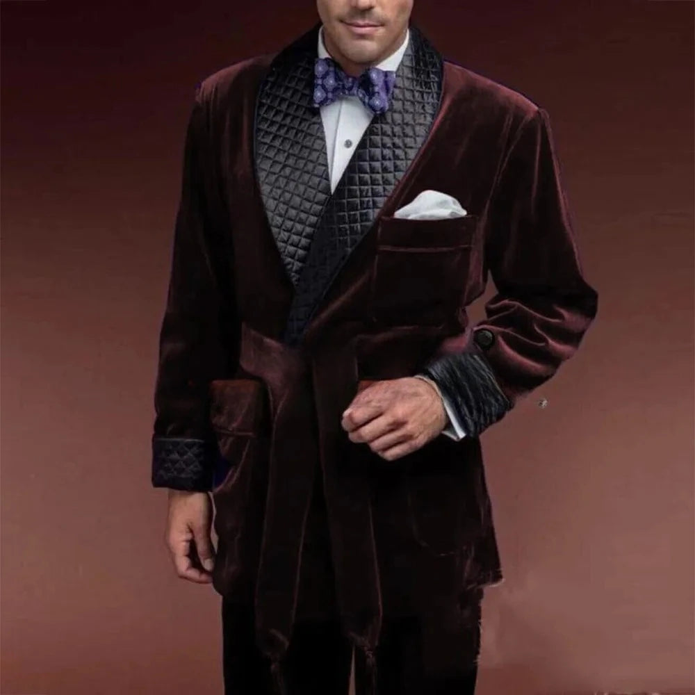 Kingswell Velvet Smoking Jacket – Men’s Quilted Lapel Evening Dinner Jacket with Waist Tie and Chest Pocket Square