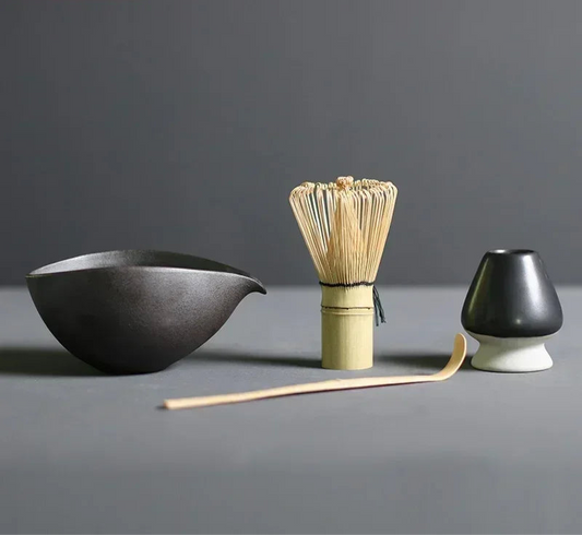 Matcha Tea Set with Bamboo Whisk, Bowl, Scoop & Holder – Traditional Japanese Ceremony Kit in Black, Brown, Dark Grey & Stone