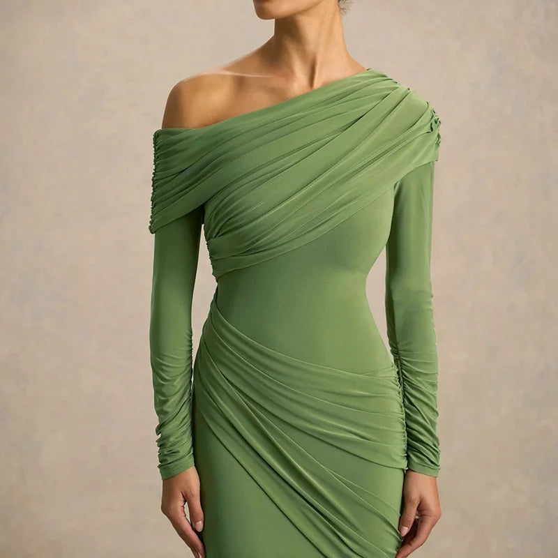 Calyssa Asymmetric One-Shoulder Ruched Maxi Dress – Long Sleeve Eveningwear & Wedding Guest Gown