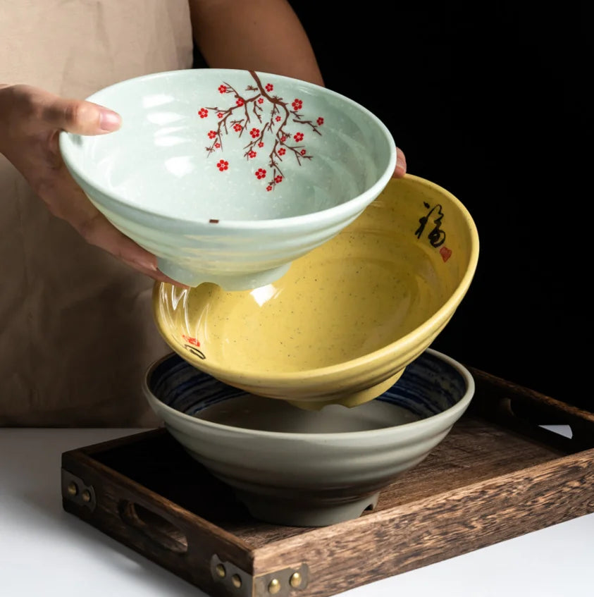 Hand-Painted Noodle Bowls – Large, Medium, Small Ramen, Pho & Soup Bowl Set in Brown, Blue, Green, Yellow