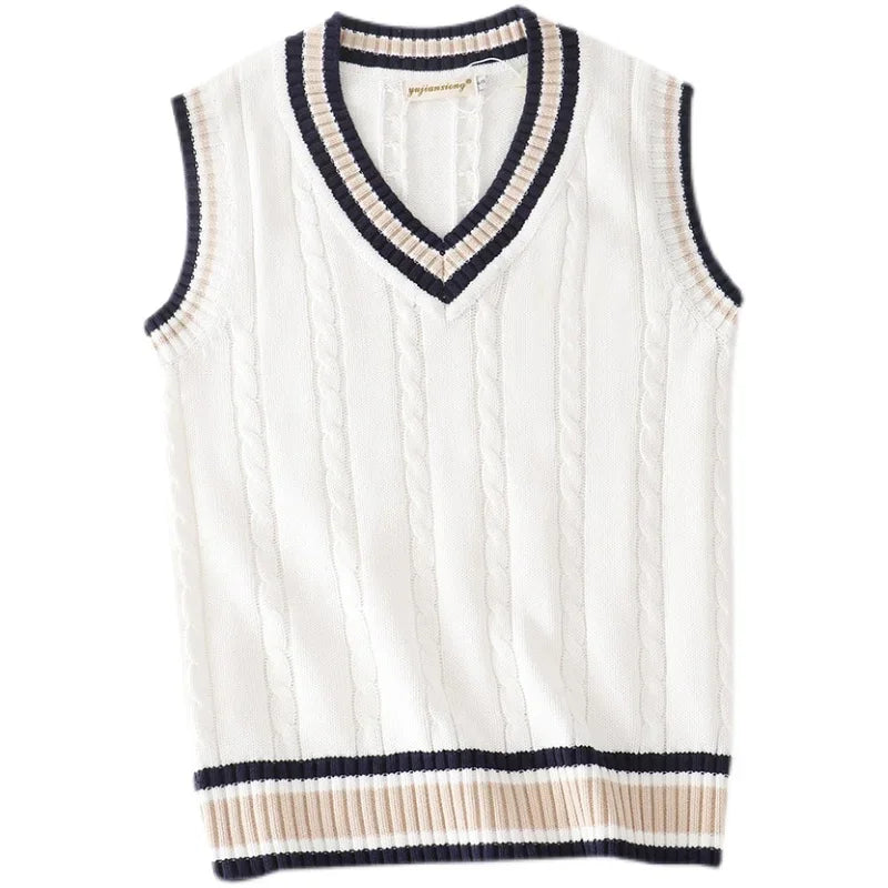 Sleeveless Cable Knit Vest with Stripe Trim – White & Navy Pullover Jumper Top for Men