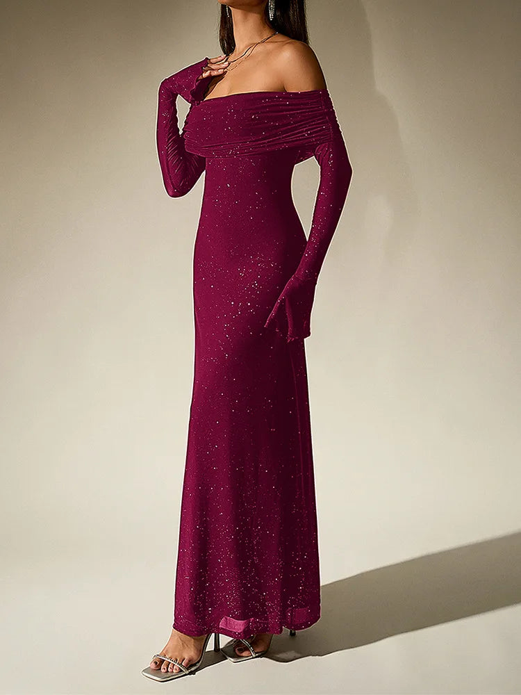 Aurevielle Off Shoulder Glitter Mesh Maxi Dress – Long Sleeve Bodycon Evening, Party & Wedding Guest Gown