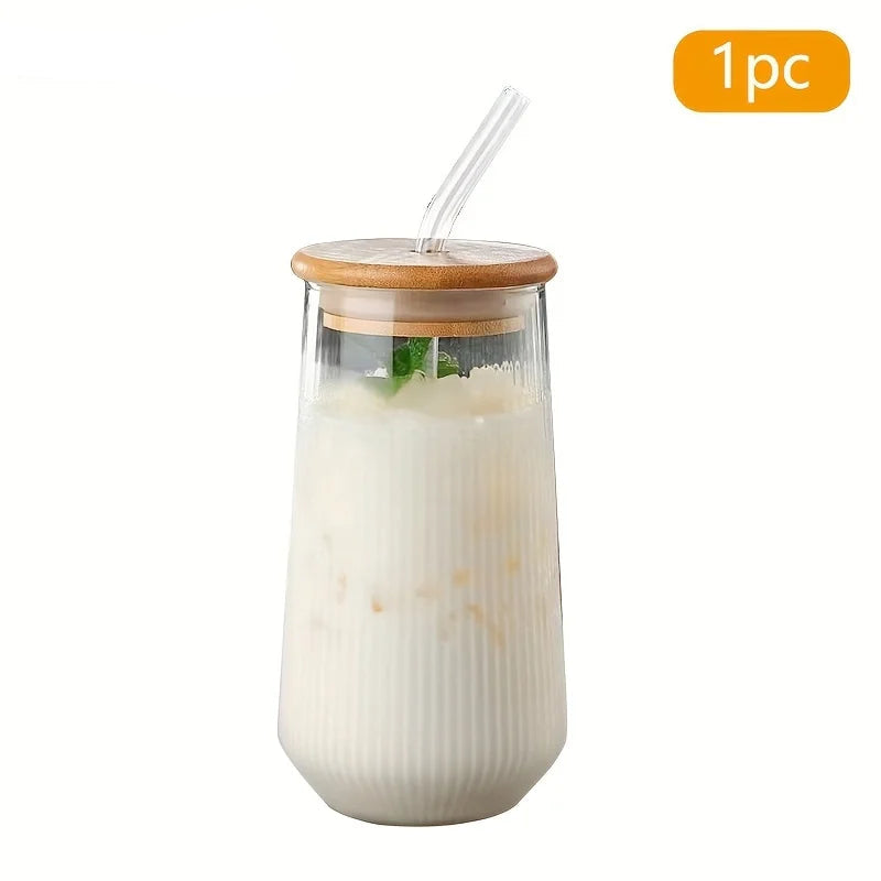 Ribbed Drink Glass Cups with Bamboo Lid & Glass Straw – 2 - Piece Reusable Tumbler Set