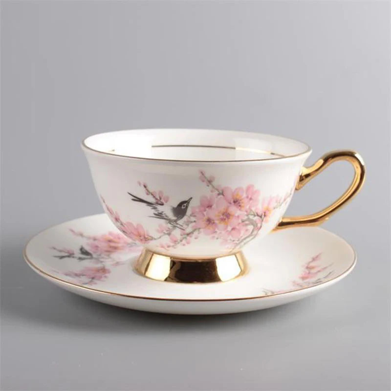 Botanical Bird Cup and Saucer Set – Hand Painted Ceramic Tea Set