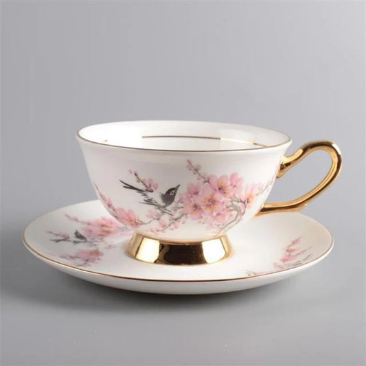 Botanical Bird Cup and Saucer Set – Hand Painted Ceramic Tea Set