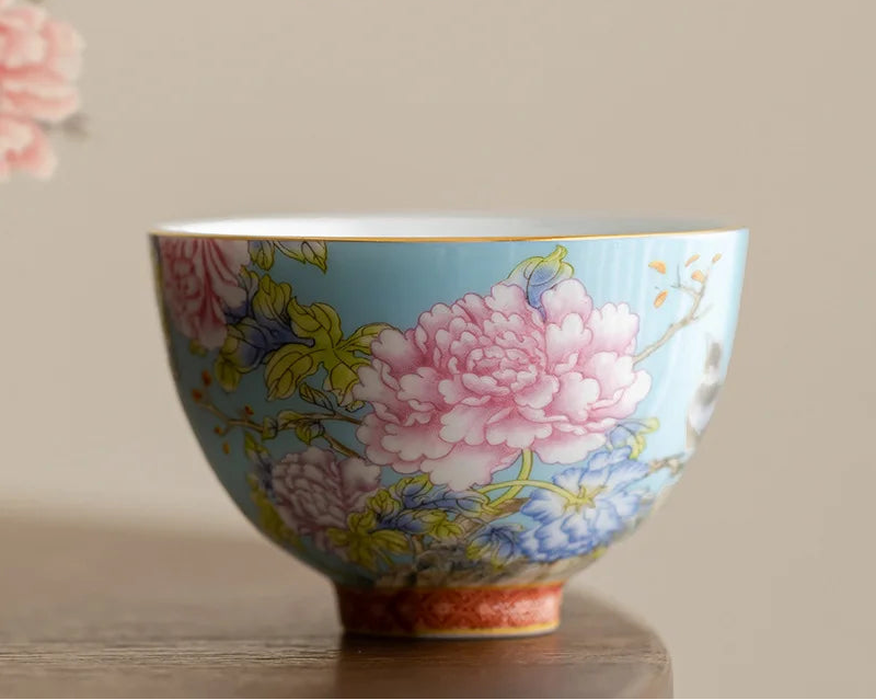 Kiyorae Floral Ceramic Tea Cup – Hand Painted Peony Matcha Bowl Small Tea Cup for Matcha, Herbal Tea & Espresso