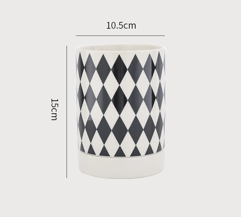 Kitchen Utensil Holder – Ceramic Cutlery Caddy, Utensil Crock, Chopstick Holder and Kitchen Countertop Organiser with Drip Base, Geometric Designs
