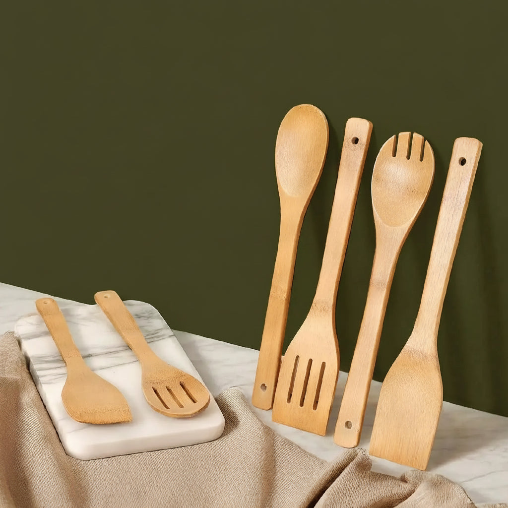 Bamboo Kitchen Utensil Set 6 Piece – Wooden Cooking Utensils, Non Stick Safe Spatula & Spoon Set