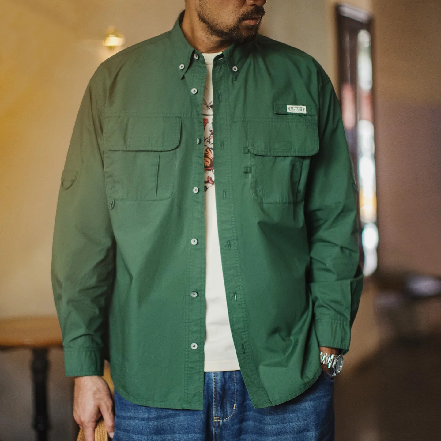 Brentwell Men’s Green Cotton Overshirt – Long Sleeve Single-Breasted Loose Fit Utility Shirt Jacket