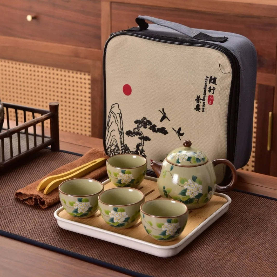Willow Grove Travel Tea Set Collection – Ceramic Teapot and 4 Teacups Portable Tea Set with Case for Home, Gift and Outdoor Use